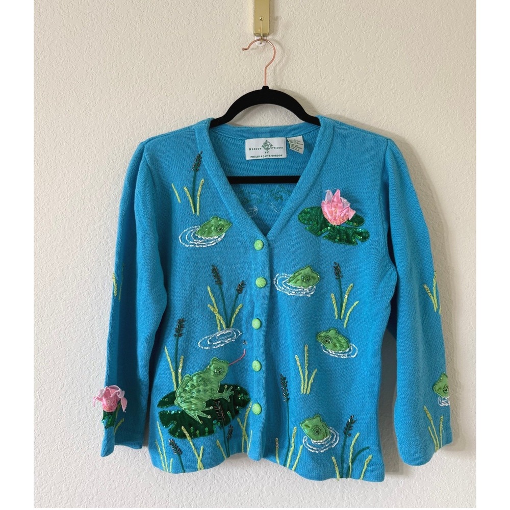 Design Options Philip Jane Gordon Blue Frog Lily Pad Embellished Cardigan Small